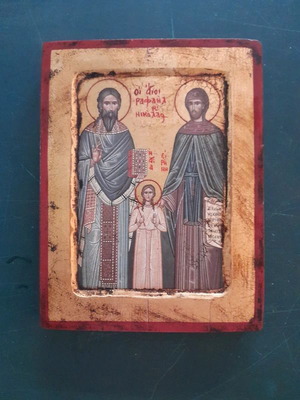 Εικόνα σε ξύλο σαν καινούργια, Άγιοι Ραφαήλ, Νικόλαος και Ειρήνη, 25x18 εκ