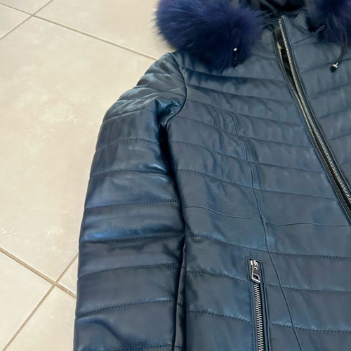 Leather 100% coat with hood like new, blue