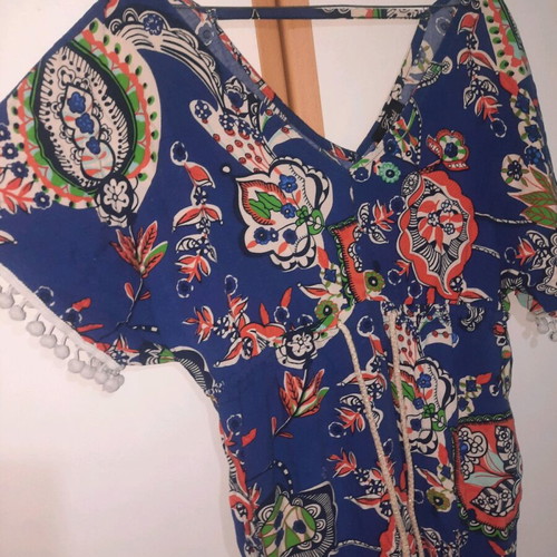Boho long dress used, blue, onesize with pom-poms on sleeves