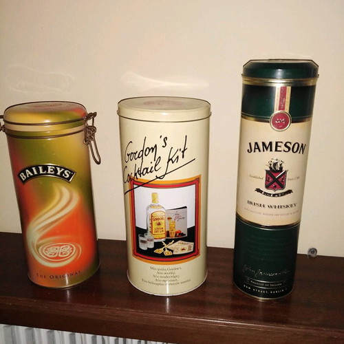 Collectible metal whisky, liqueur and gin boxes used, set of 3