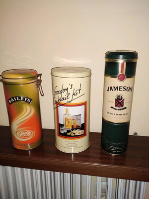 Collectible metal whisky, liqueur and gin boxes used, set of 3