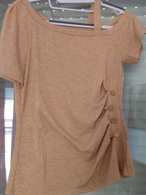 Shein women's beige short sleeve blouse with shoulder detail