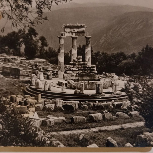 Delphi Tholos postcard used, black and white