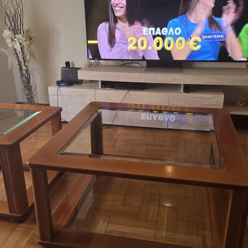 Coffee table set used, wooden with glass surfaces