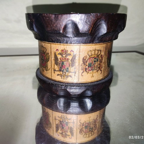 Wooden mortar used with pestle and 9 flags collectible