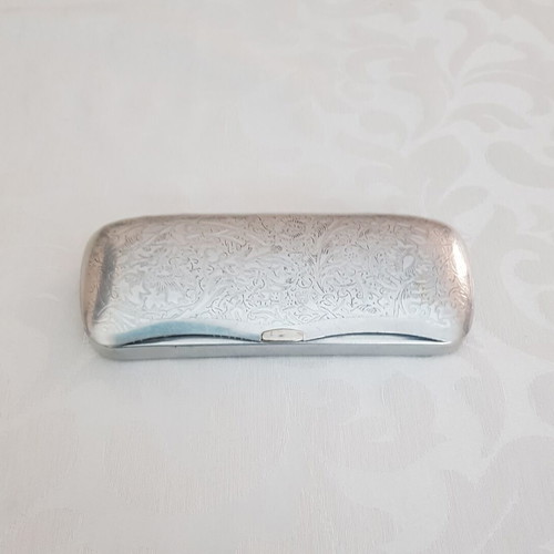 Vintage metal glasses case with embossed floral design, silver, used