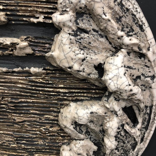 Wall ceramic sculpture used, moon on black wooden panel