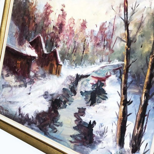 D. Bouki oil painting like new, mixed oil on canvas with snowy landscape