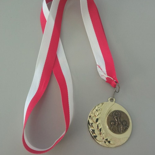 Gold victory medal new with red and white ribbon