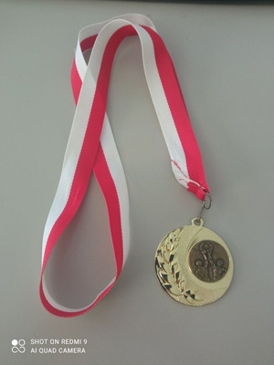 Gold victory medal new with red and white ribbon