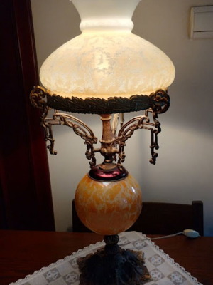 Vintage table lamp opaline with bronze and amber glass like new