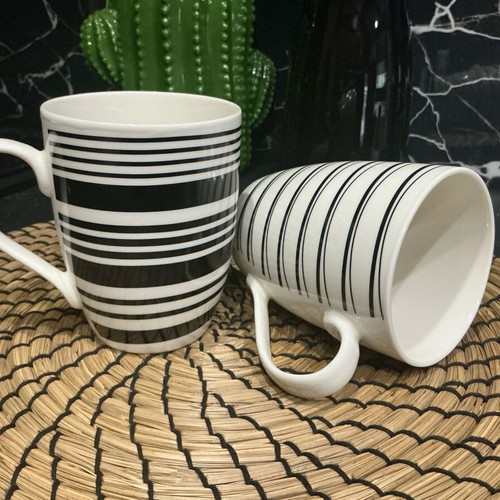 Set of 2 ceramic mugs black and white striped like new