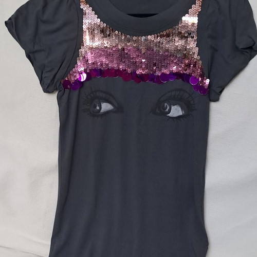 Denny Rose Y2K sequined graphic eye tee, charcoal grey, size L