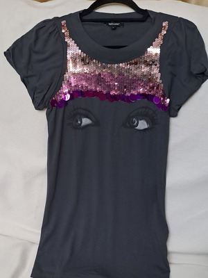 Denny Rose Y2K sequined graphic eye tee, charcoal grey, size L