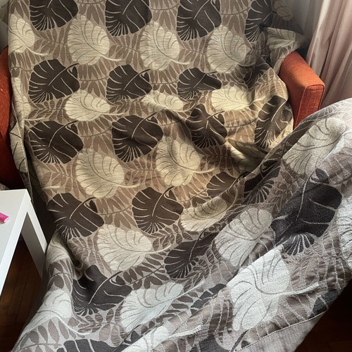 Large throw blanket used, beige gray brown shades, 1.76x2.76 m