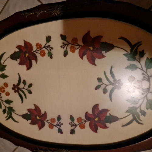Vintages handmade tray with semene embroidery and brass handles new