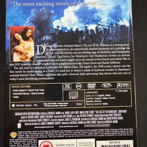 The Last of the Mohicans DVD like new, drama action adventure romance