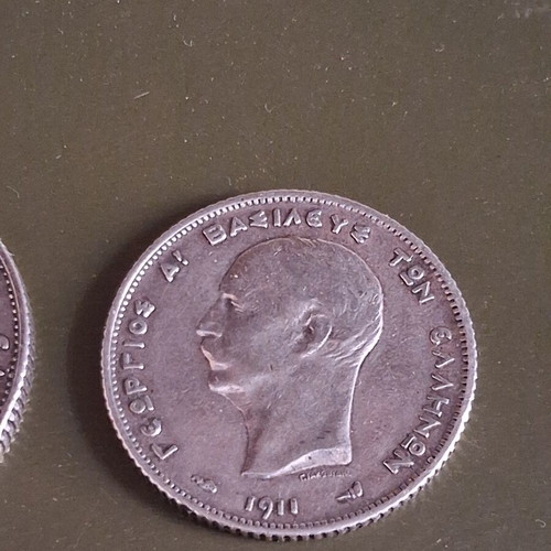 Greek Silver Coins 1911 King George I 1 & 2 Drachmas used