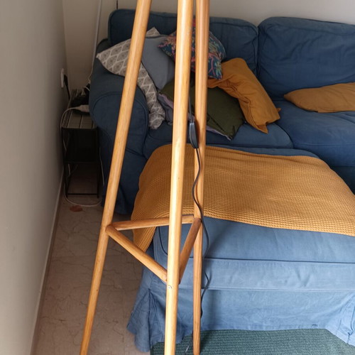 Wooden floor lamp handmade, used, minimal design with oil lampshade