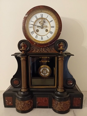 Marble tabletop clock like new with Brocot mechanism and embossed decorations