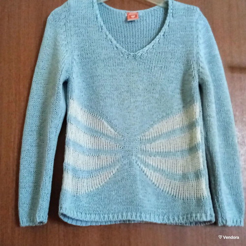 Cotton knitted sweater S used, light blue with white pattern