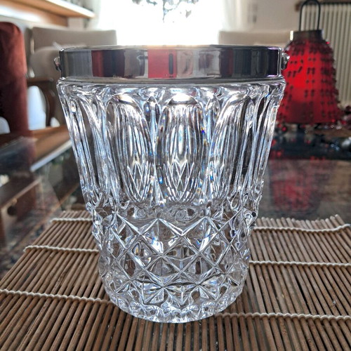Vintage crystal ice bucket used with stainless steel rim and handle