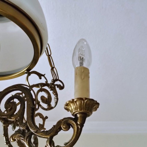 Vintage Brass Chandelier Neoclassical | Large Opaline & Candles | Rare
