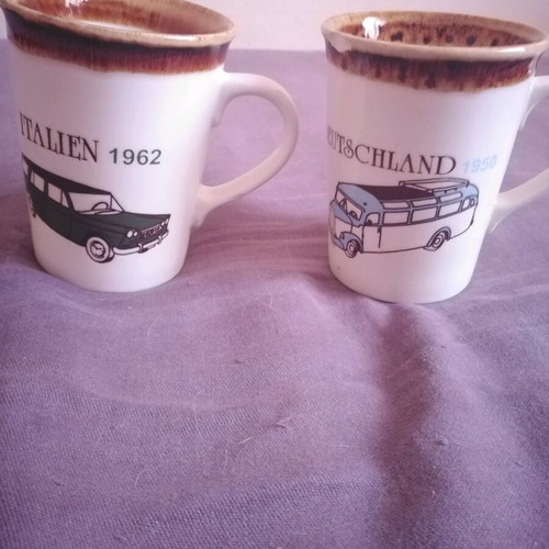 Staffordshire ceramic mugs used, set of 2 with vintage car designs