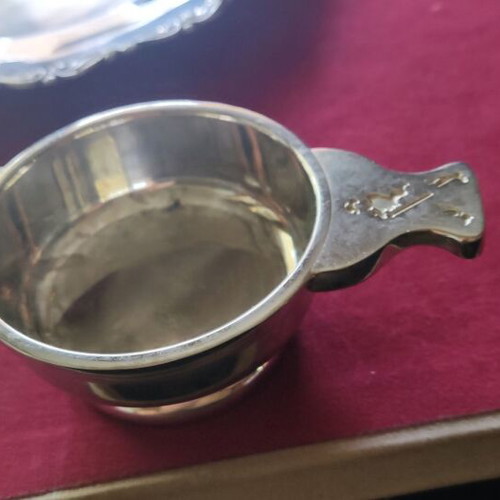 Silver-plated utensils used, bowl and plate with handmade carving