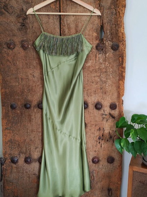 Vintage Italian olive green satin dress with fringe detail, like new