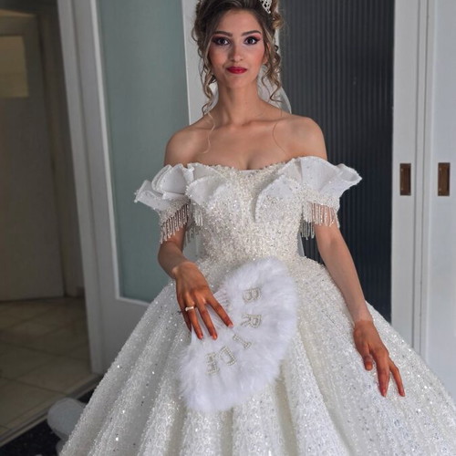 Handmade haute couture wedding dress, off-shoulder, white