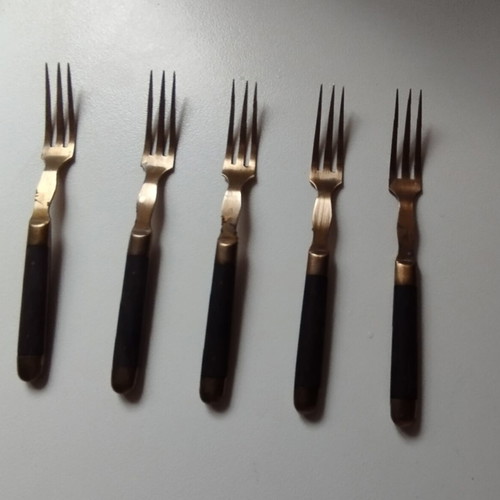 Forks used, set of 5, brass and black wood