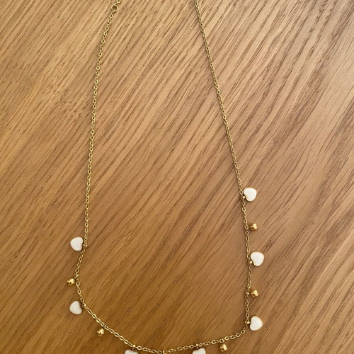 Gold necklace with white hearts and gold beads, stainless steel