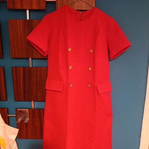 Vintage mod red dress with gold buttons like new, summer brocade fabric