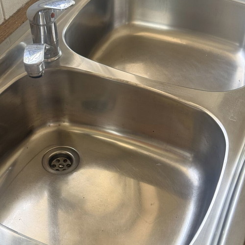 Franke stainless steel kitchen sink with 2 bowls, apron and faucet used