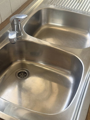 Franke stainless steel kitchen sink with 2 bowls, apron and faucet used