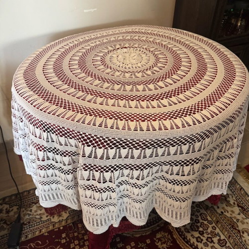 Handmade round tablecloth like new white color