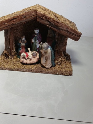 Nativity scene with porcelain figures used, Christmas decoration