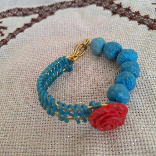 Blue papier-mâché bracelet with rose made to order