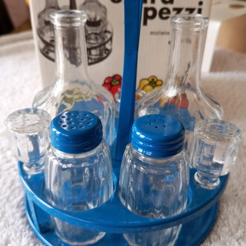 Oil and vinegar set 5 pieces, new, stainless steel, blue