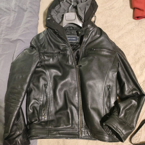 Navy & Green leather jacket like new, size 48 with detachable hood