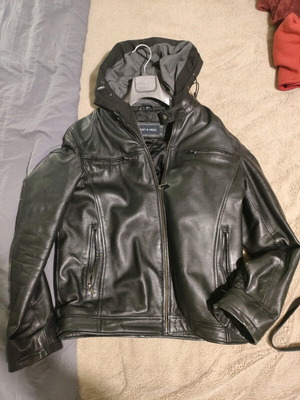 Δερμάτινο jacket Navy & Green σαν καινούργιο, μέγεθος 48 με αποσπώμενη κουκούλα