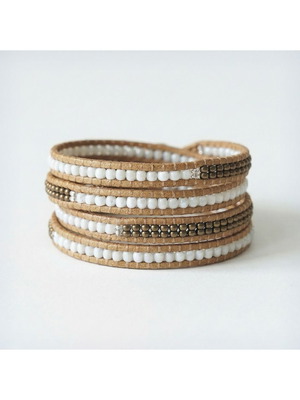 Handmade leather wrap bracelet with earthy beads, adjustable, new