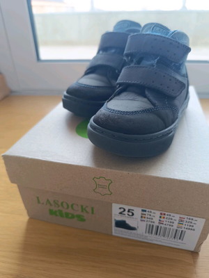 Lasocki kids shoes No25 used, leather, waterproof, gray with blue details