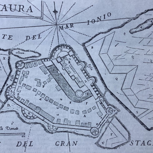 Woodcut reproduction of Lefkada map by Coronelli 1686 used 1910 11x15cm