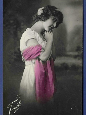 Vintage postcard portrait of girl used with artistic hand-coloring
