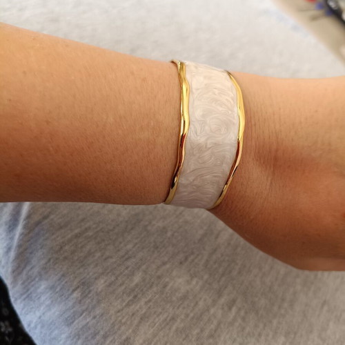 Women's cuff bracelet with white pearl enamel, new