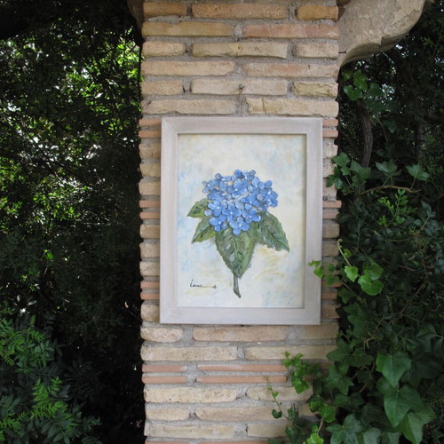 3D Artwork Blue Hortensia Painting on Canvas with Pinecone Flowers New