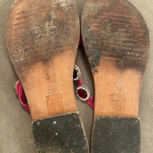 Maxime leather sandals with large fuchsia stones and crystals, like new