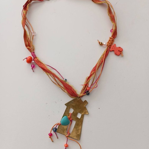 Handmade Boho Necklace with Bronze House and Silk Ribbon like new
